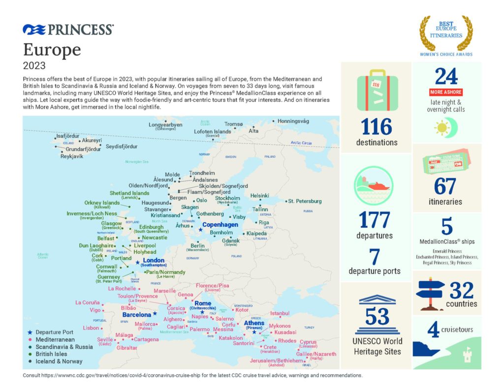 Map of Princess Cruises to Europe in 2023